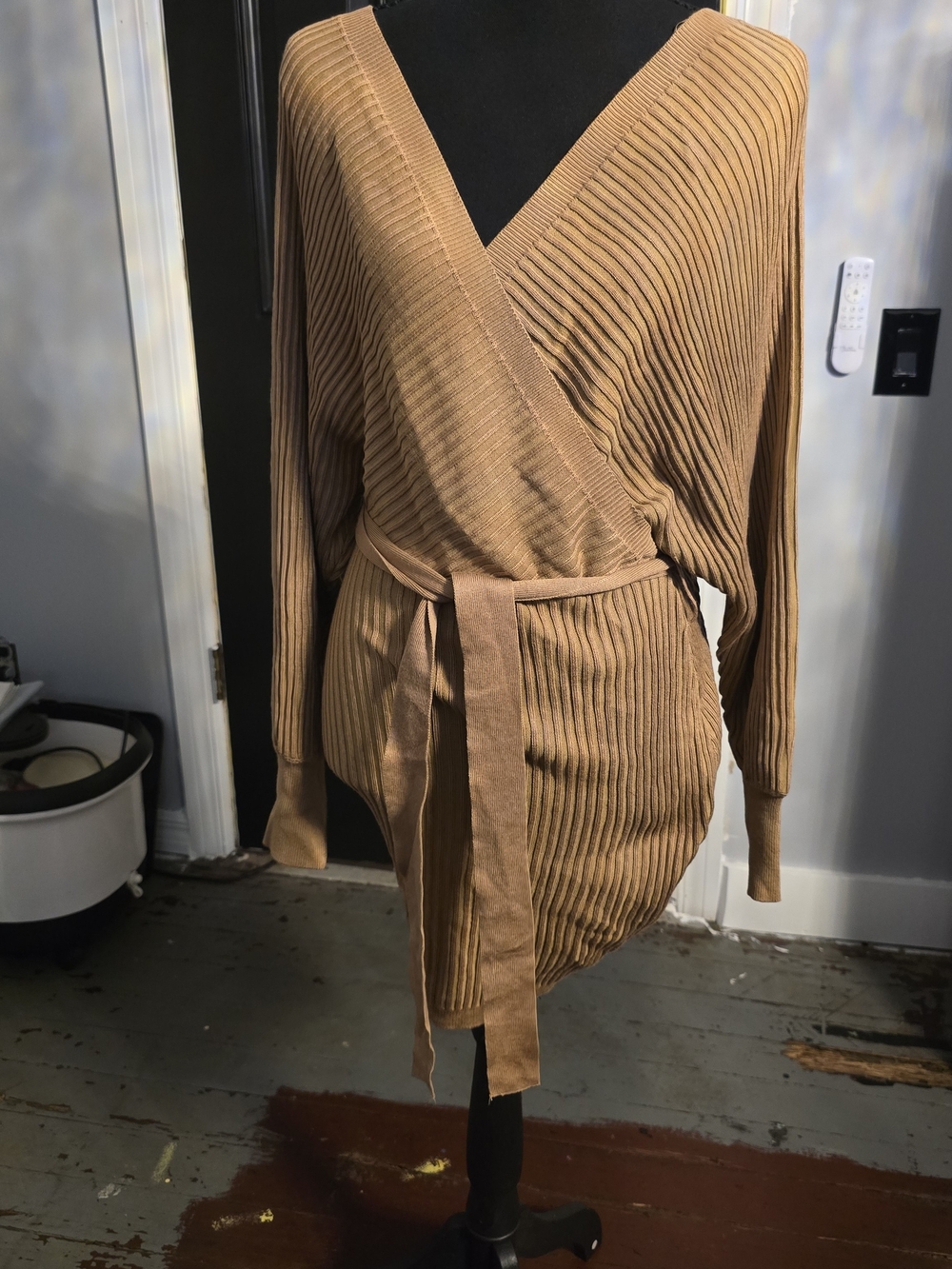 Love Tree Ribbed V-Neck Wrap Sweater in Camel/Tan